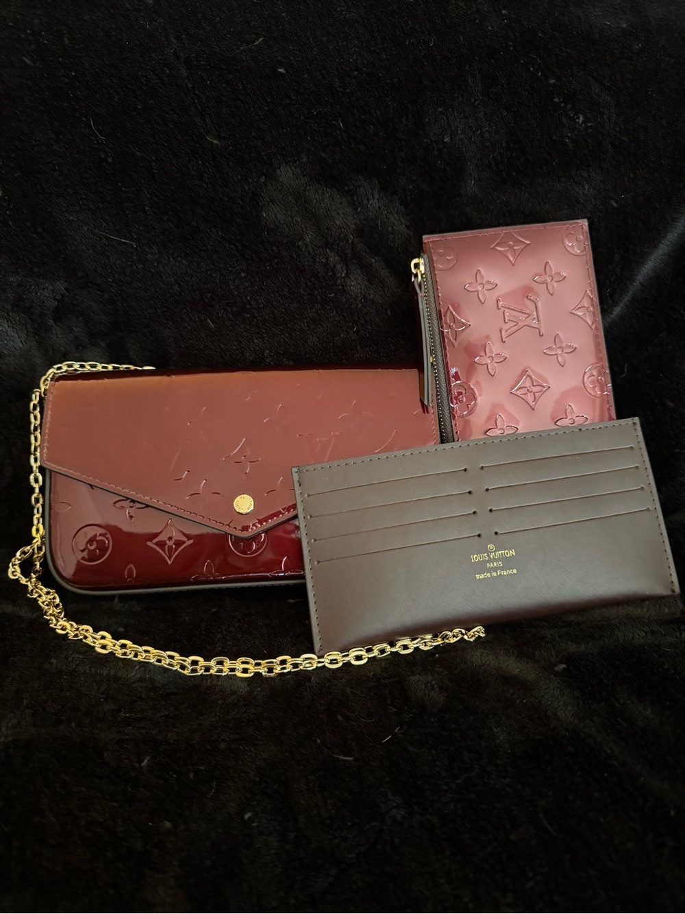 LV Style Burgundy Patent Monogram Chain Crossbody Bag w/ Wallet Accessories VGUC